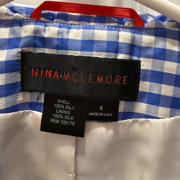 Nina McLemore Blue and White Gingham 100% Silk Blazer - Picture 2 of 3